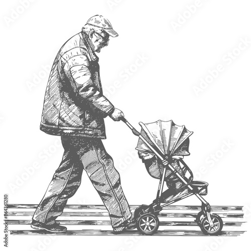 elderly man pushing a stroller across the street with engraving style