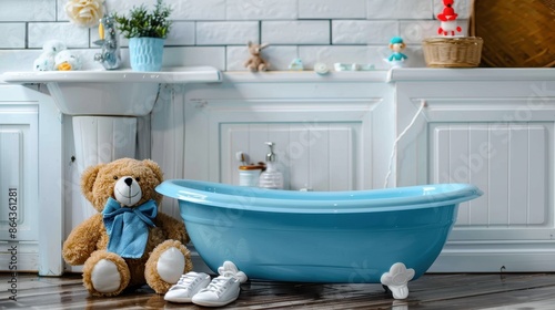 This charming bathroom image features a blue bathtub surrounded by white tiles and decorated with a large teddy bear, small shoes, and other kids-friendly items indicating a playful atmosphere. photo