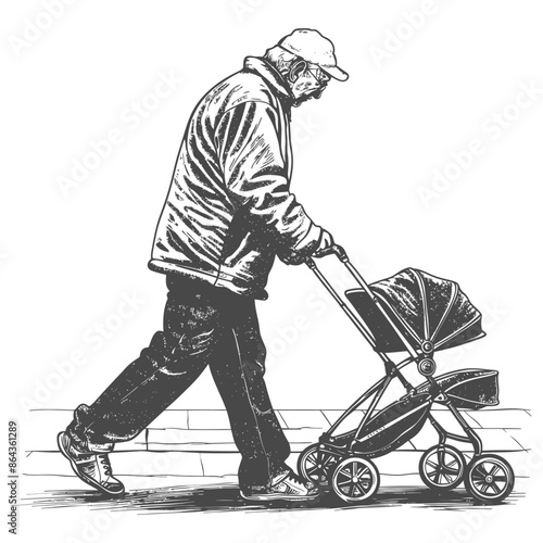 elderly man pushing a stroller across the street with engraving style