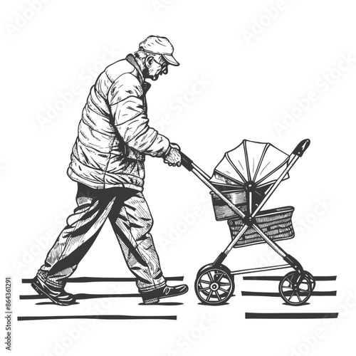 elderly man pushing a stroller across the street with engraving style