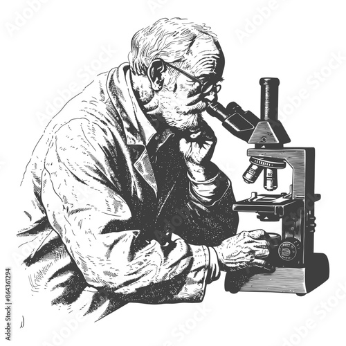 elderly man scientists looking through microscope with engraving style