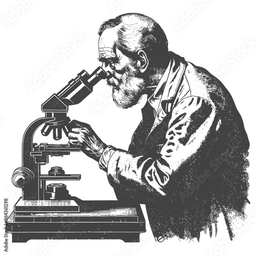 elderly man scientists looking through microscope with engraving style