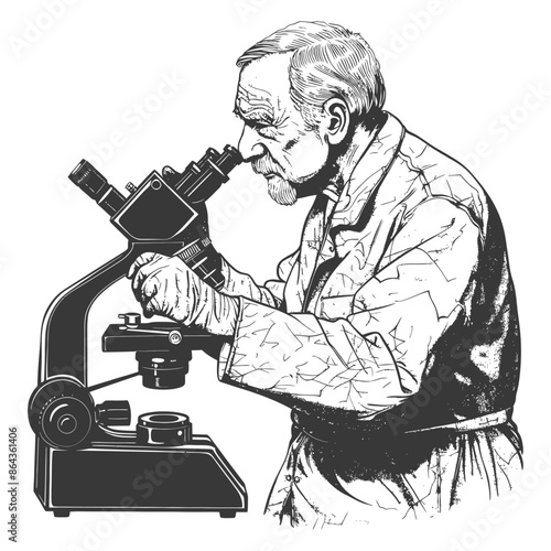 elderly man scientists looking through microscope with engraving style
