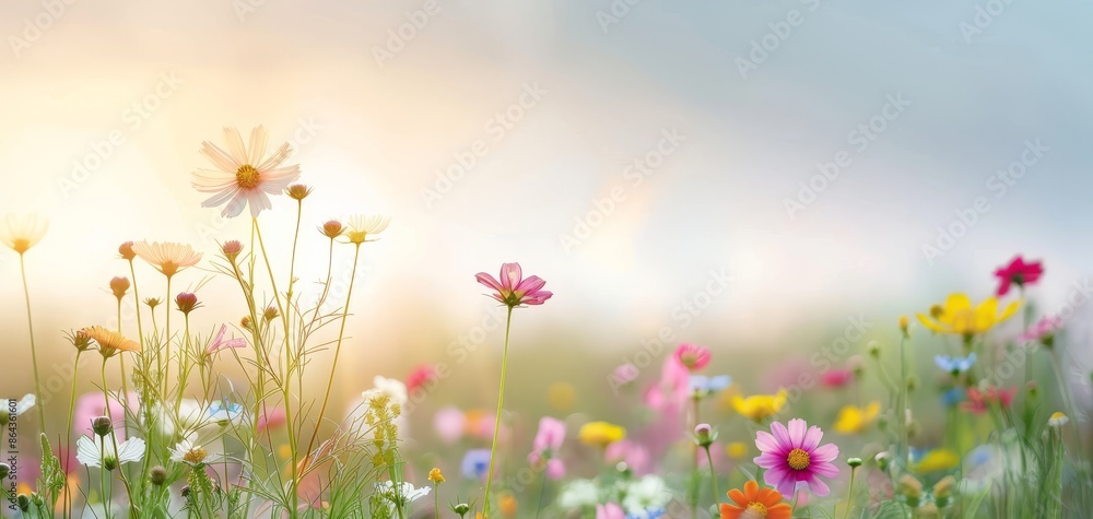A serene landscape of wildflowers in bloom, with soft sunlight casting a warm glow over a colorful meadow, evoking a peaceful summer morning. A serene landscape of wildflowers in bloom, with soft sunlight casting a warm glow over a colorful meadow, evoking a peaceful summer morning.