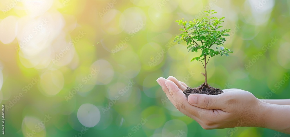 hands holding a small tree seedling against a blurred green background, symbolizing growth, environment, and sustainability. emphasizing the care and preservation of natural resources.