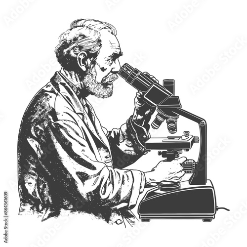 elderly man scientists looking through microscope with engraving style