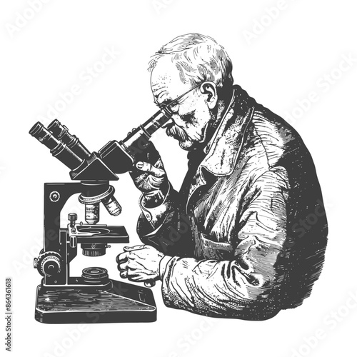elderly man scientists looking through microscope with engraving style