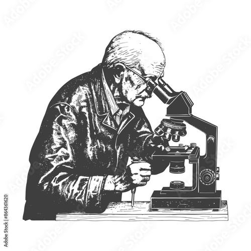elderly man scientists looking through microscope with engraving style