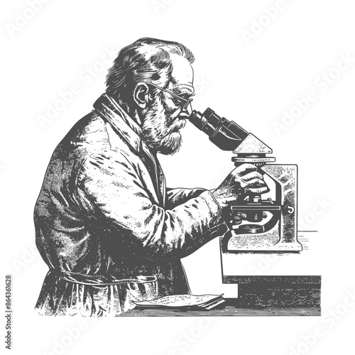 elderly man scientists looking through microscope with engraving style