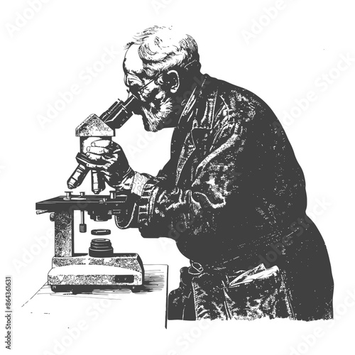 elderly man scientists looking through microscope with engraving style