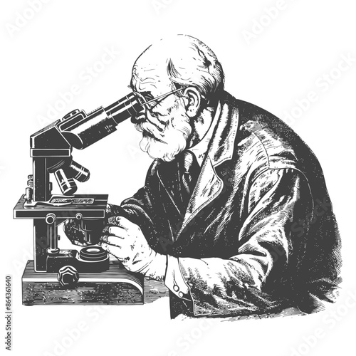 elderly man scientists looking through microscope with engraving style