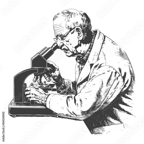 elderly man scientists looking through microscope with engraving style