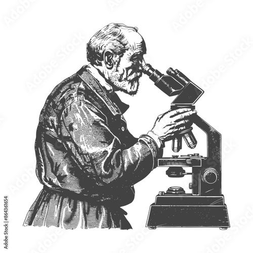 elderly man scientists looking through microscope with engraving style
