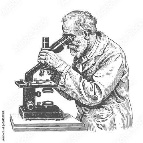 elderly man scientists looking through microscope with engraving style