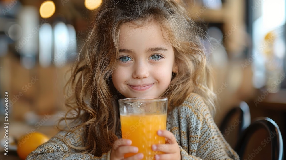 A joyful girl with wavy brown hair and blue eyes holds a glass of freshly squeezed orange juice, smiling brightly while seated in a cozy, inviting café. A joyful girl with wavy brown hair and blue eyes holds a glass of freshly squeezed orange juice, smiling brightly while seated in a cozy, inviting café.