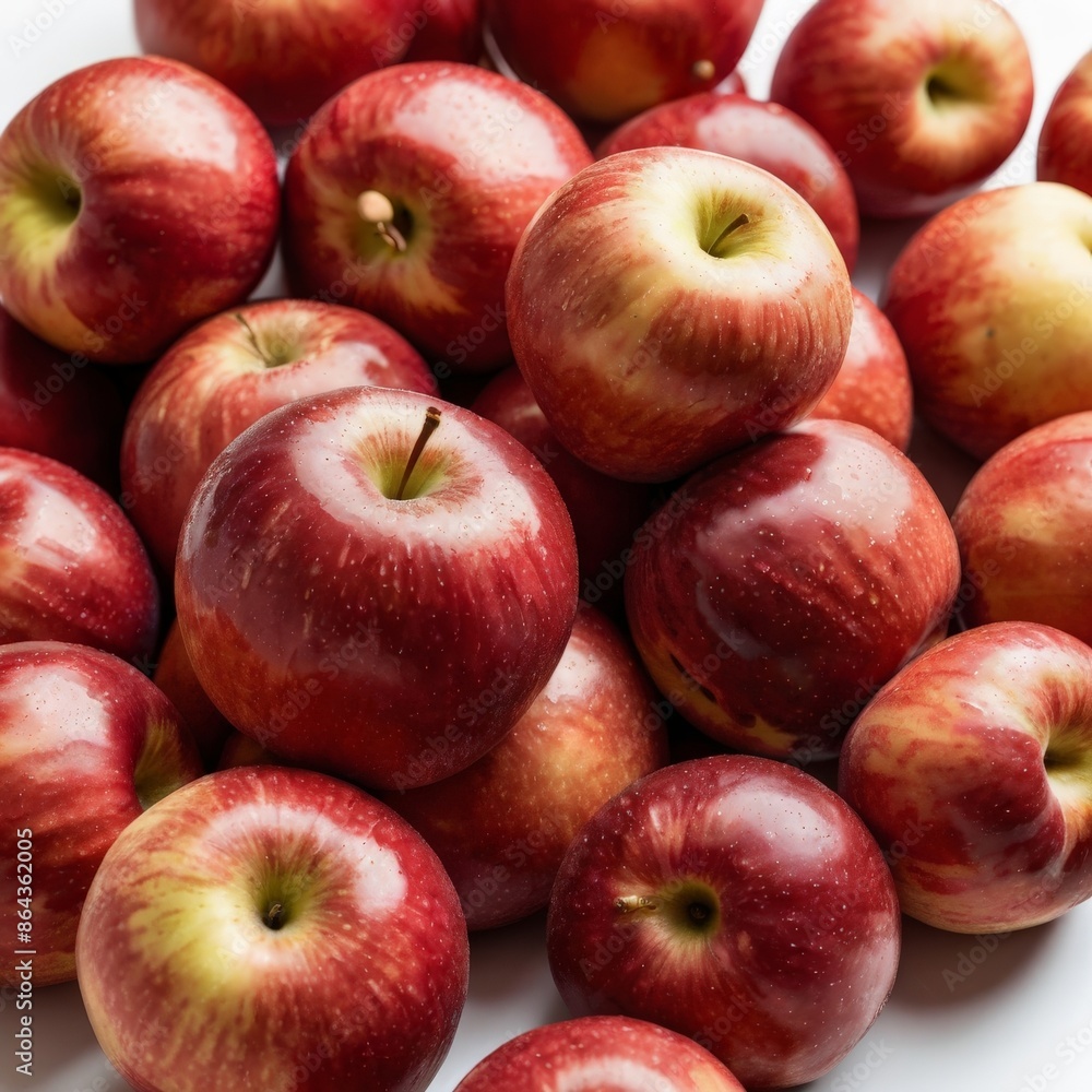 Red apples with leaves on a white background. Close-up. Red apples with leaves on a white background. Close-up.