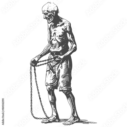 elderly man slave with shackle with engraving style