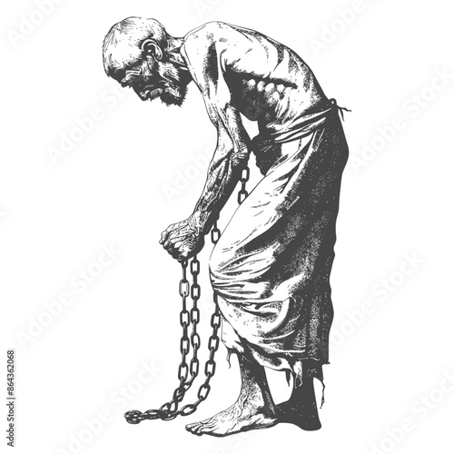elderly man slave with shackle with engraving style