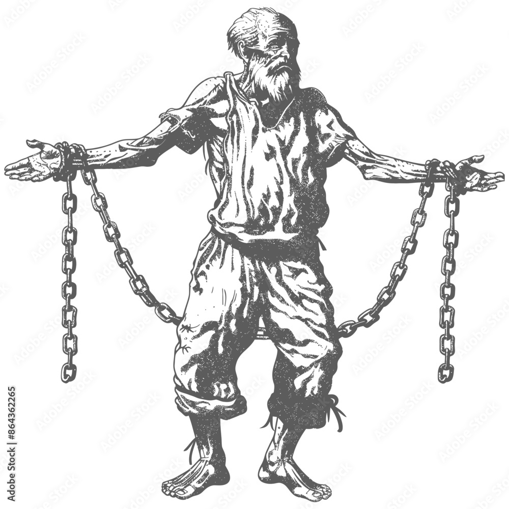 elderly man slave with shackle with engraving style elderly man slave with shackle with engraving style