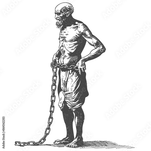 elderly man slave with shackle with engraving style