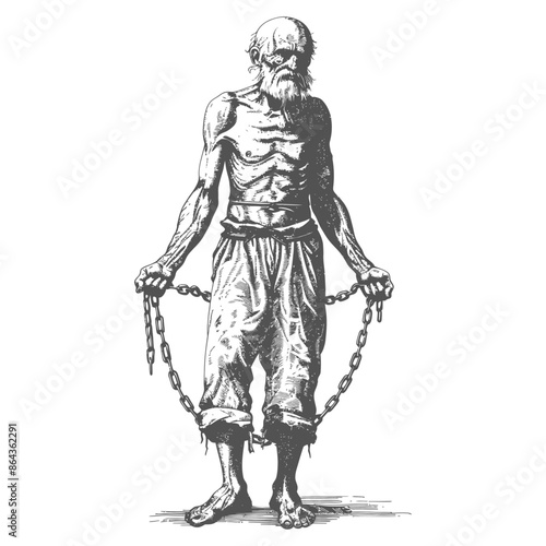 elderly man slave with shackle with engraving style