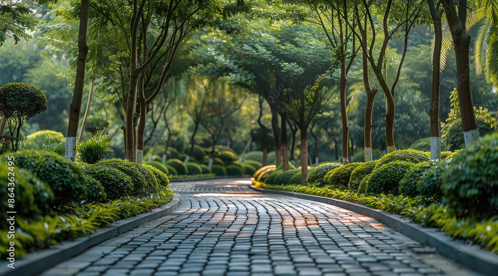 A road leading to the landscape garden. Beside the road, there are green plants. The garden has the sense of oriental Zen. Generative AI. A road leading to the landscape garden. Beside the road, there are green plants. The garden has the sense of oriental Zen. Generative AI.