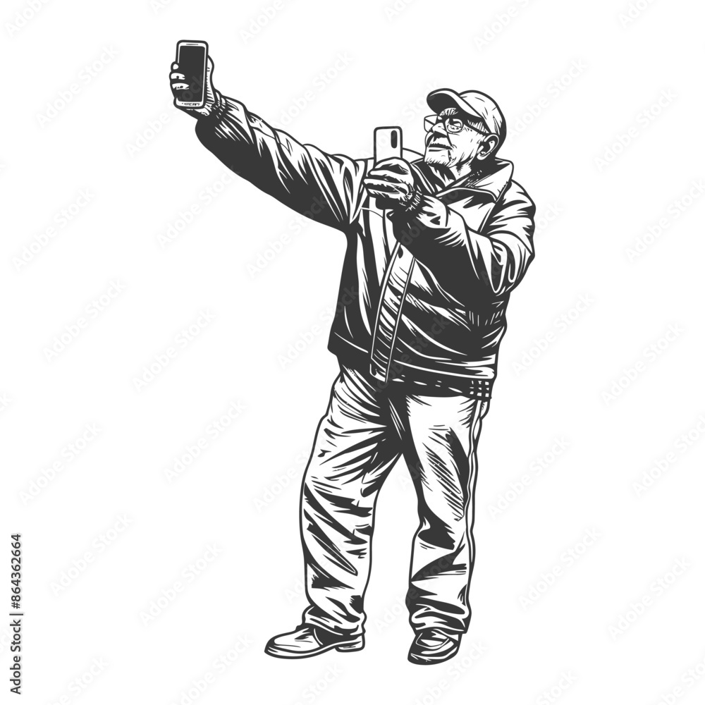 elderly man taking selfie photo on smartphone with poses elderly man taking selfie photo on smartphone with poses