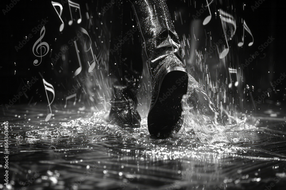 Obraz premium Dynamic shot of a tap dancerâ€™s feet, with musical notes swirling around them,