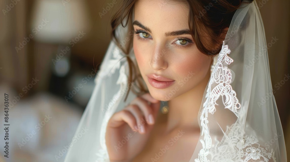 A captivating close-up image of a bride with a handcrafted lace veil. The bride's serene and delicate expression is highlighted by the soft, natural light and elegant background. A captivating close-up image of a bride with a handcrafted lace veil. The bride's serene and delicate expression is highlighted by the soft, natural light and elegant background.