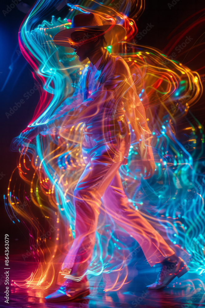 Artistic rendering of a tap dancer with colorful light trails, emphasizing the energy and movement, Artistic rendering of a tap dancer with colorful light trails, emphasizing the energy and movement,