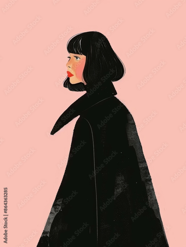 Naklejka premium A digital illustration of a woman with black hair and red lips wearing a black coat. The background is a pale pink