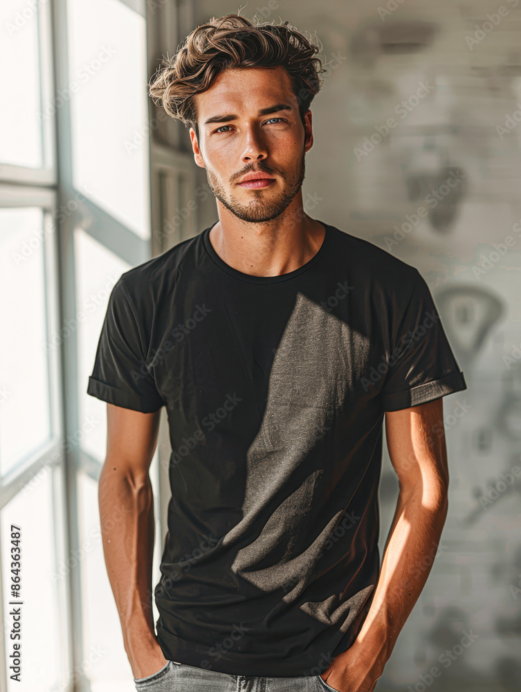 A man in a black shirt is standing in front of a wall with graffiti on it A man in a black shirt is standing in front of a wall with graffiti on it
