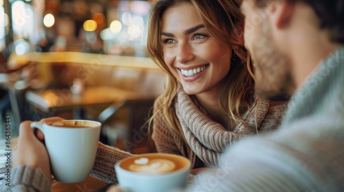 A smiling couple sharing a light-hearted moment over coffee in a cozy cafe, with an inviting atmosphere highlighted by warm lighting and wooden furnishings.