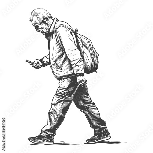 elderly man walking while playing on smartphone with engraving style
