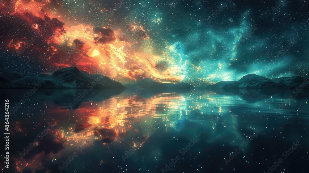 Stunning cosmic sky over serene mountain lake with colorful reflections in tranquil night Stunning cosmic sky over serene mountain lake with colorful reflections in tranquil night