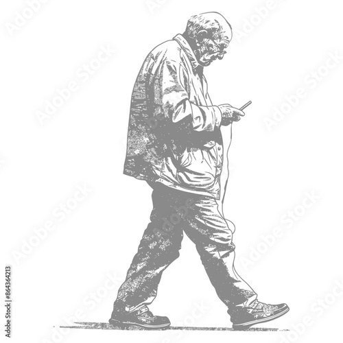 elderly man walking while playing on smartphone with engraving style