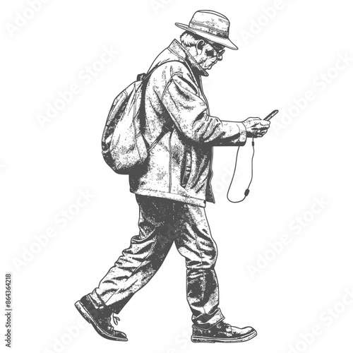 elderly man walking while playing on smartphone with engraving style