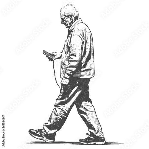 elderly man walking while playing on smartphone with engraving style