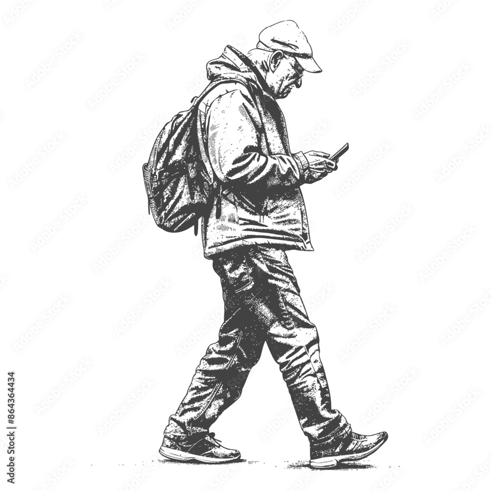 elderly man walking while playing on smartphone with engraving style elderly man walking while playing on smartphone with engraving style