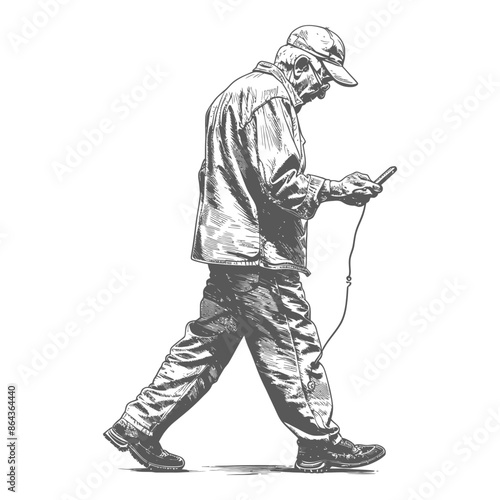 elderly man walking while playing on smartphone with engraving style