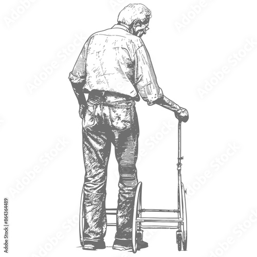 elderly man with walking frames with engraving style