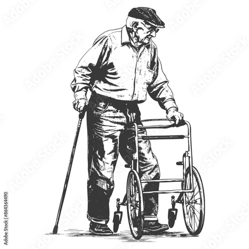 elderly man with walking frames with engraving style