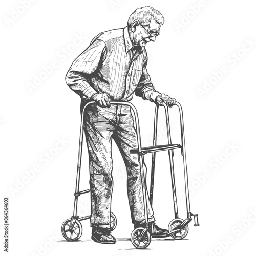 elderly man with walking frames with engraving style