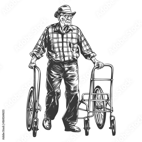 elderly man with walking frames with engraving style