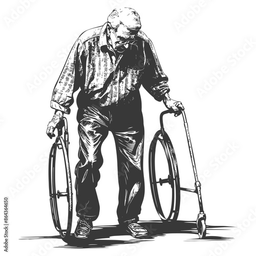 elderly man with walking frames with engraving style
