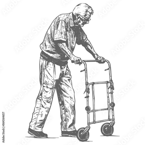 elderly man with walking frames with engraving style