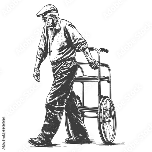 elderly man with walking frames with engraving style