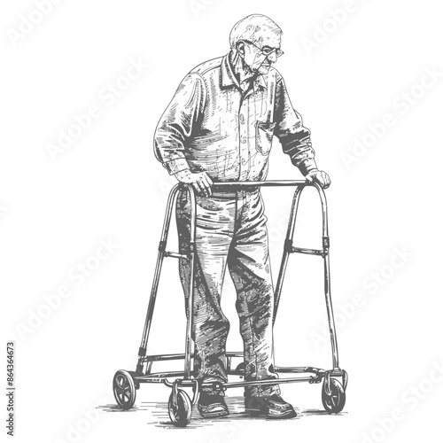 elderly man with walking frames with engraving style