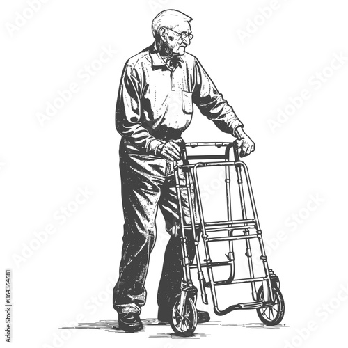 elderly man with walking frames with engraving style