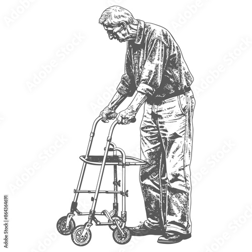 elderly man with walking frames with engraving style